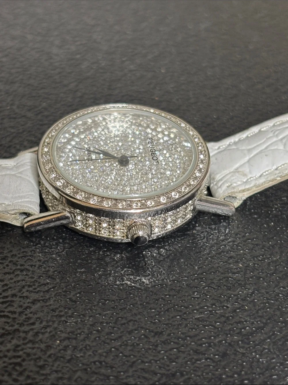 Peugeot WORKING Silver-Tone Crystal Dial Watch Leather White Croc Strap